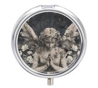 Pilulier de voyage en forme d'ange priant à 3 compartiments - 3 fois par jour - Joli mini pilulier pour sac à main et poche - Boîte à médicaments portable en métal avec miroir - Récipient rond pour
