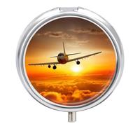 Pilulier de voyage en forme d'avion au coucher du soleil - Étanche - Portable - En métal - Résistant à l'humidité - Avec 3 compartiments