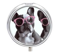 Pilulier de voyage en forme de bouledogue français - 3 compartiments - Portable - Avec miroir - Rond - En métal - Pour ranger des médicaments - Pour contenir des vitamines et de l'huile de poisson