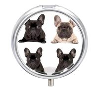 Pilulier de voyage en forme de bouledogue français à 3 compartiments - 3 fois par jour - Joli mini pilulier pour sac à main et poche - Boîte à médicaments portable en métal avec miroir - Récipient