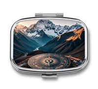 Pilulier de voyage en forme de boussole de montagne - Pilulier quotidien pour compléments alimentaires - 2 compartiments - Pratique pour transporter et ranger des médicaments