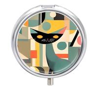Pilulier de voyage en forme de chat d'art moderne du milieu du siècle pour sac à main, organiseur de médicaments hebdomadaire avec miroir, 3 compartiments ronds, pilulier portable pour le quotidien