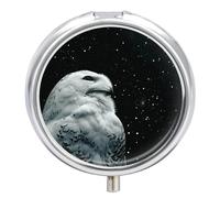 Pilulier de voyage en forme de chouette enneigée à 3 compartiments - 3 fois par jour - Joli mini pilulier pour sac à main et poche - Boîte à médicaments portable en métal avec miroir rond - Récipient