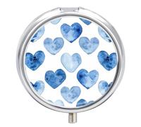 Pilulier de voyage en forme de cœur bleu dessiné à la main à 3 compartiments 3 fois par jour - Joli mini pilulier pour sac à main et poche - Boîte à médicaments portable en métal avec miroir rond