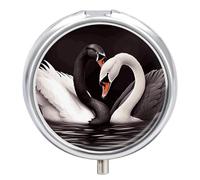 Pilulier de voyage en forme de cygne noir et blanc à 3 compartiments - 3 fois par jour - Joli mini pilulier pour sac à main et poche - Boîte à médicaments portable en métal avec miroir rond