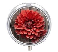 Pilulier de voyage en forme de dahlia rouge à 3 compartiments - 3 fois par jour - Joli mini pilulier pour sac à main et poche - Boîte à médicaments portable en métal avec miroir - Récipient rond pour