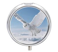 Pilulier de voyage en forme de hibou des neiges blanc - 3 compartiments avec petit miroir, pilulier portable pour poche et sac à main, joli étui à médicaments rond, récipient à médicaments