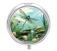 Pilulier de voyage en forme de libellules en vol à 3 compartiments avec miroir - Pilulier quotidien en métal pour sac à main et poche - Petite boîte à médicaments ronde - Boîte à vitamines