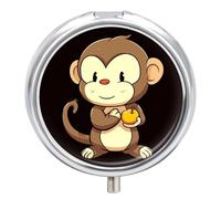 Pilulier de voyage en forme de singe de dessin animé tenant des fruits pour sac à main, organiseur de médicaments hebdomadaire avec miroir, 3 compartiments, étui à médicaments rond, portable pour le