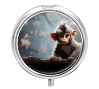 Pilulier de voyage en forme de singe mignon à 3 compartiments avec miroir - Pilulier quotidien en métal pour sac à main et poche - Petite boîte à médicaments ronde - Boîte à vitamines