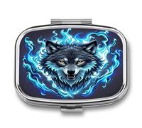 Pilulier de voyage en forme de tête de loup dans des flammes bleues, 2 compartiments, petit pilulier portable en métal pour contenir des vitamines et des suppléments d'huile de poisson