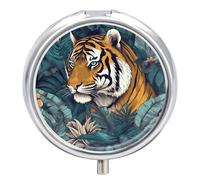 Pilulier de voyage en forme de tigre tropical pour sac à main, organiseur de médicaments hebdomadaire avec miroir, 3 compartiments, étui à médicaments rond portable pour le quotidien