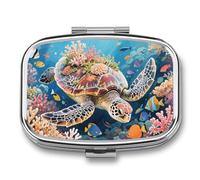 Pilulier de voyage en forme de tortue de natation dans un récif de corail - Pilulier hebdomadaire à 2 compartiments avec miroir - Pour sac à main, poche ou portefeuille