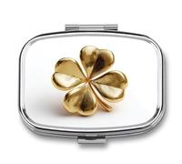 Pilulier de voyage en forme de trèfle à quatre feuilles doré poli à 2 compartiments