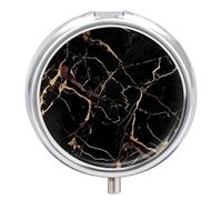 Pilulier de voyage en marbre noir doré à 3 compartiments 3 fois par jour - Joli mini pilulier pour sac à main et poche - Boîte à médicaments portable en métal avec miroir rond pour médicaments