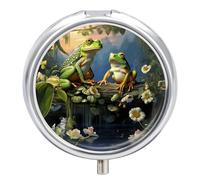 Pilulier de voyage en métal avec 3 compartiments Motif grenouilles chantant sur les branches