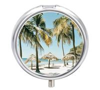 Pilulier de voyage en métal avec motif palmiers sur la plage - 3 compartiments - Petit pilulier quotidien - Pour sac à main
