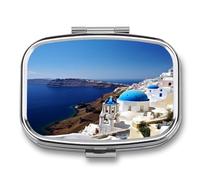 Pilulier de voyage en métal étanche avec impression vue sur la mer de Santorin - Petite boîte à pilules portable pour voyage, sac à main ou poche