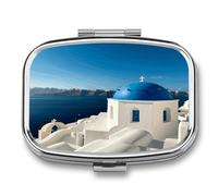 Pilulier de voyage en métal étanche avec impression vue sur la mer de Santorin - Petite boîte à pilules portable pour voyage, sac à main ou poche