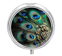 Pilulier de voyage en plumes de paon à 3 compartiments - 3 fois par jour - Joli mini pilulier pour sac à main et poche - Boîte à médicaments portable en métal avec miroir - Récipient rond pour