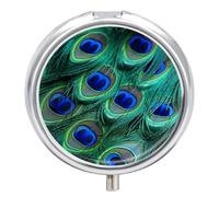 Pilulier de voyage en plumes de paon à 3 compartiments - 3 fois par jour - Joli mini pilulier pour sac à main et poche - Boîte à médicaments portable en métal avec miroir - Récipient rond pour