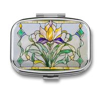 Pilulier de voyage en verre teinté à 2 compartiments Motif floral Vert et jaune