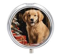 Pilulier de voyage Golden Retriever de Noël - 3 compartiments - Récipient à médicaments quotidien rond avec miroir - Distributeur de pilules hebdomadaire portable pour poche de sac à main