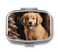 Pilulier de voyage Golden Retriever de Noël à 2 compartiments avec miroir hebdomadaire portable pour sac à main