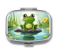 Pilulier de voyage grenouille dans un étang - Pilulier quotidien pour contenir des vitamines, pilulier portable pour huile de foie de morue avec 2 compartiments pour sac à main de poche