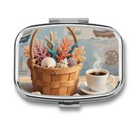 Pilulier de voyage nautique en coquillages de corail - 2 compartiments - Pilulier hebdomadaire avec miroir - Pour sac à main, poche ou portefeuille
