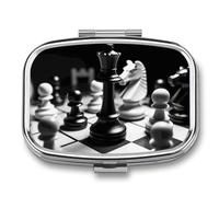 Pilulier de voyage noir et blanc d'échecs - Pilulier quotidien pour compléments alimentaires - 2 compartiments - Pratique pour transporter et ranger des médicaments