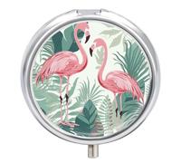 Pilulier de voyage, petit pilulier imprimé feuilles de flamant rose, rond, joli pilulier en métal, 3 compartiments, portable, journal intime, sac à main et poche