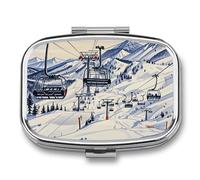 Pilulier de voyage - Petit pilulier portable avec 2 compartiments - Mount Horsney - Remontée de ski - Boîte à pilules de poche pour huile de poisson - Organisateur de médicaments mignon