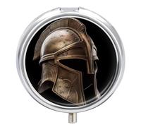Pilulier de voyage - Petit pilulier rond en métal - Imprimé casque de guerrier spartiate - 3 compartiments - Pour sac à main et poche