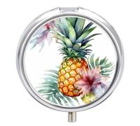 Pilulier de voyage - Petit pilulier rond - Imprimé ananas tropical - En métal - 3 compartiments - Portable - Pour sac à main et poche