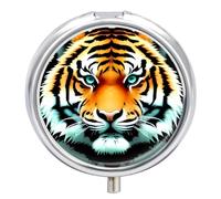 Pilulier de voyage - Petite boîte à pilules - Motif tête de tigre - Rond - En métal - 3 compartiments - Portable - Pour sac à main et poche