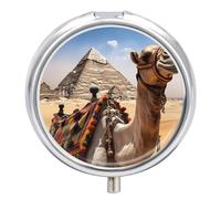 Pilulier de voyage - Petite boîte à pilules ronde en métal - Imprimé pyramide camel - 3 compartiments - Portable - Pour sac à main et poche