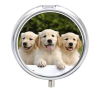 Pilulier de voyage - Petites boîtes à pilules - Imprimé chiots Golden Retriever - Rond - En métal - 3 compartiments - Portable - Pour sac à main et poche