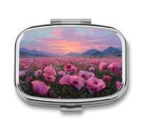 Pilulier de voyage portable à 2 compartiments avec champs de fleurs roses et montagnes