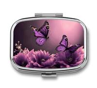 Pilulier de voyage portable avec 2 compartiments fleurs 3D et papillon violet avec miroir, petit pilulier quotidien décoratif pour vitamines