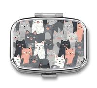 Pilulier de voyage portable avec 2 compartiments - Joli et drôle - Motif chat gris - Avec miroir - Petit pilulier quotidien - Organiseur décoratif pour vitamines
