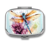 Pilulier de voyage portable avec 2 compartiments - Motif libellule - Peinture aquarelle - Avec miroir - Petit pilulier quotidien - Organiseur décoratif pour vitamines