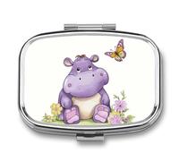 Pilulier de voyage portable avec 2 compartiments papillon et hippopotame avec miroir - Petit pilulier quotidien décoratif pour vitamines
