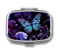 Pilulier de voyage portable avec 2 compartiments - Papillon violet et fleurs - Avec miroir - Petit pilulier quotidien - Organiseur décoratif pour vitamines