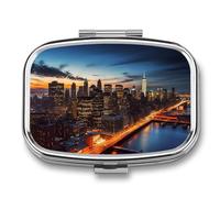 Pilulier de voyage portable avec 2 compartiments - Paysage de la ville de New York - Avec miroir - Petit pilulier quotidien - Organiseur décoratif pour vitamines
