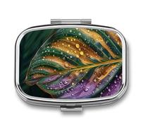 Pilulier de voyage portable avec 2 compartiments texture de feuilles vertes avec miroir, petit pilulier quotidien, organisateur de vitamines décoratif