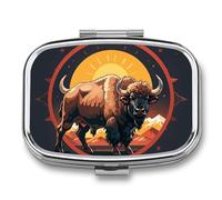 Pilulier de voyage portable avec 2 compartiments Wild American Bison Mountains Pilulier avec miroir Petit pilulier quotidien Pilulier décoratif pour vitamines