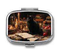 Pilulier de voyage portable avec chat noir et livres anciens, bougies gothiques, 2 compartiments