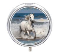 Pilulier de voyage rond à 3 compartiments en métal pour sac à main Motif cheval blanc