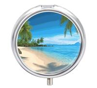 Pilulier de voyage rond à motif de plage hawaïenne avec palmiers, 23 compartiments en métal pour médicaments et vitamines
